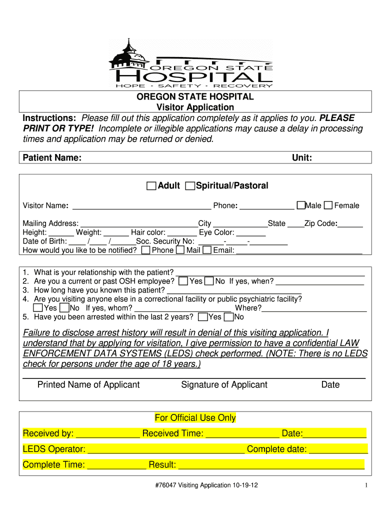 Visitor Applicant  State of Oregon  Form