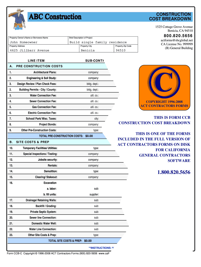 Construction Cost Breakdown PDF  Form