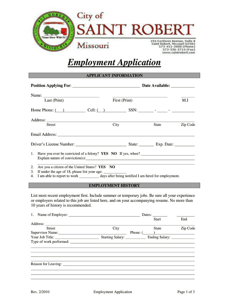 Get and Sign Employment Application  City of St Robert 2010-2022 Form