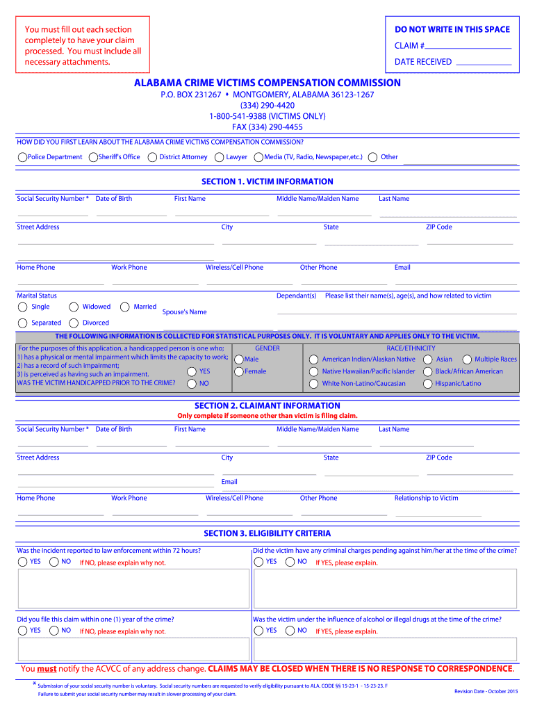 Get and Sign Alabama Victims Compensation 2015-2022 Form