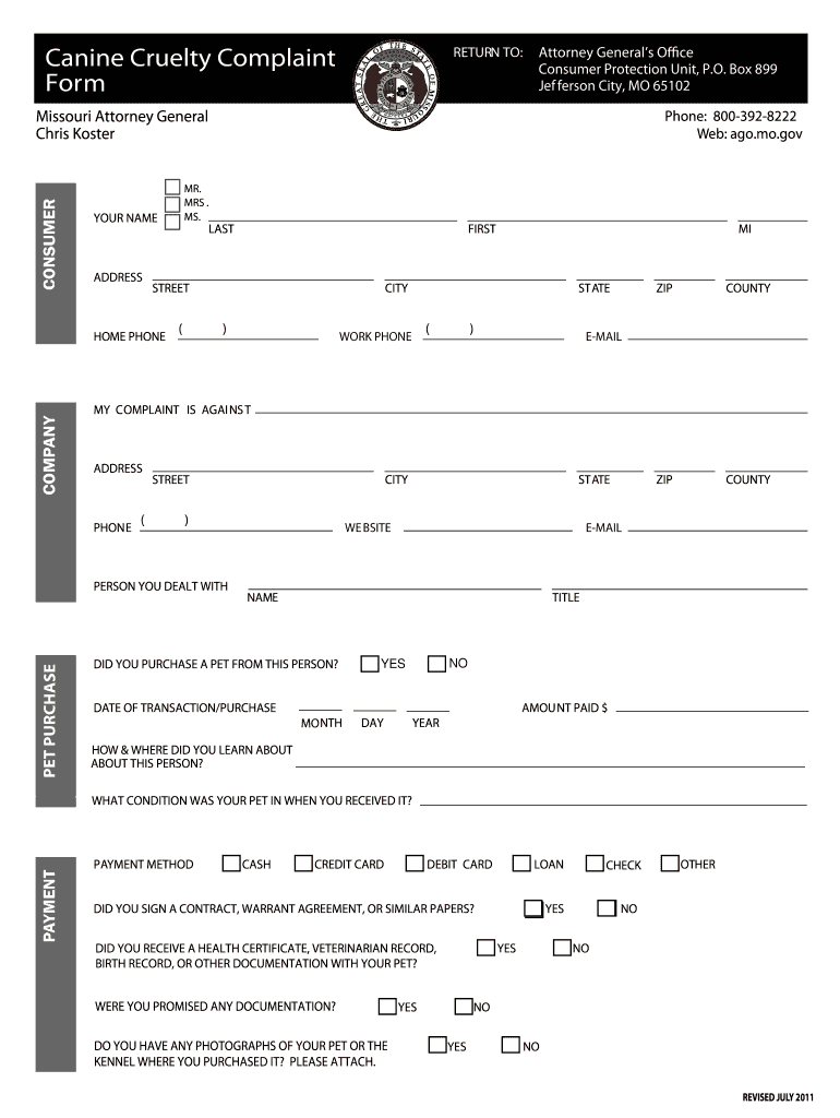 Canine Cruelty Complaint Form Ago Mo