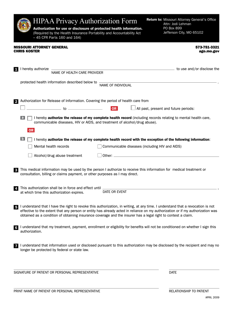  Missouri HIPAA Form 2009-2024