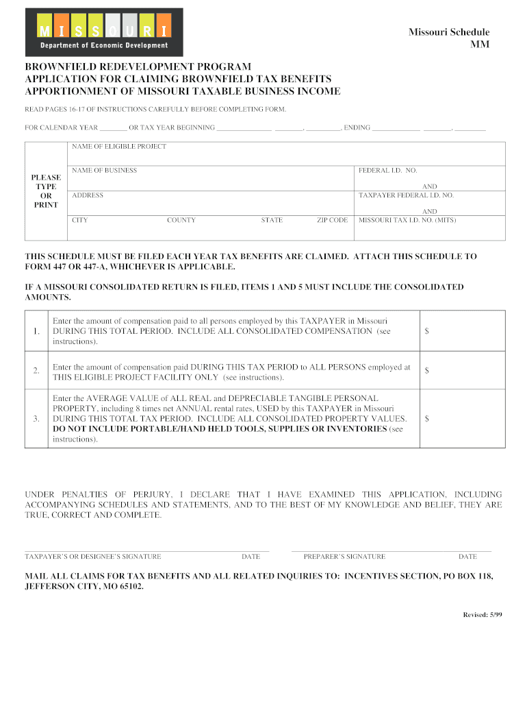 Missouri Schedule MM BROWNFIELD REDEVELOPMENT PROGRAM APPLICATION for CLAIMING BROWNFIELD TAX BENEFITS APPORTIONMENT of MISSOURI  Form