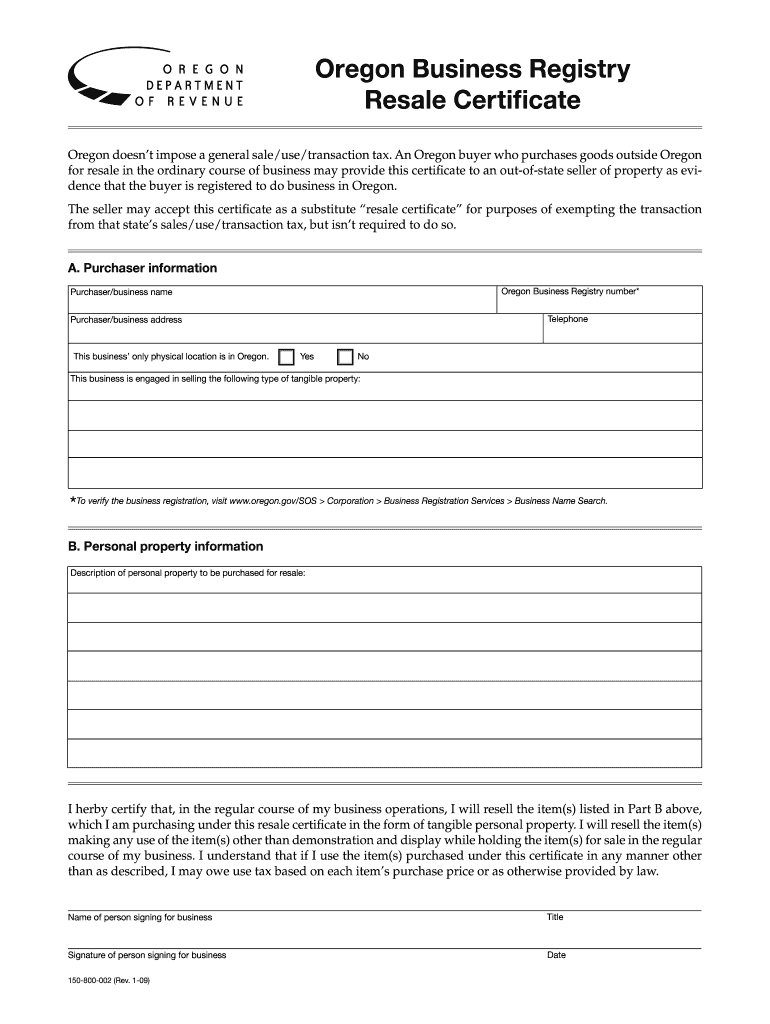 Get and Sign Resale Certificate Oregon  Form 2009