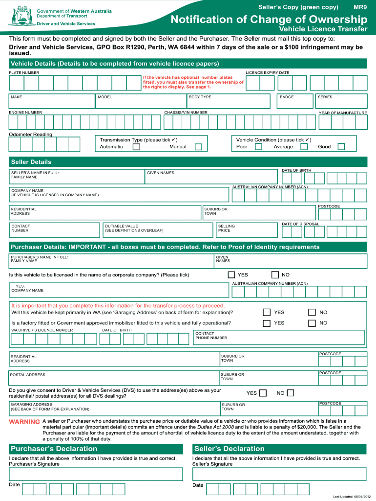  Notification of Change of Ownership Vehicle Licence Transfer MR9 Form Notification of Change of Ownership Vehicle Licence Transf 2020