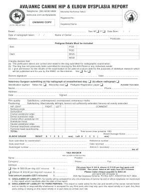 AVAANKC CANINE HIP &amp; ELBOW DYSPLASIA REPORT  Form