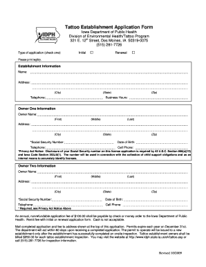Get and Sign Tattoo Establishment Application Form Iowa Department of Public Idph State Ia 2009