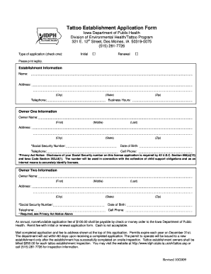  Tattoo Establishment Application Form Iowa Department of Public Idph State Ia 2009