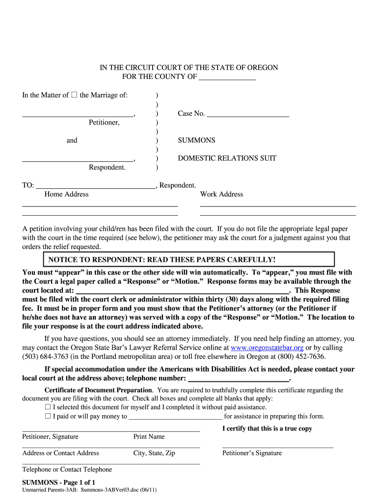  Oregon Summons Forms 2011