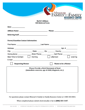 MoF2F Affiliate SOS Referral Form Date Affiliate Name Dmh Mo