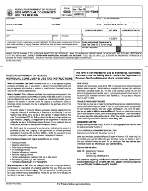 MISSOURI DEPARTMENT of REVENUE FORM TAX PERIOD DUE DATE INDIVIDUAL CONSUMER&#039;S USE TAX RETURN LAST NAME FIRST NAME 4340 REV 