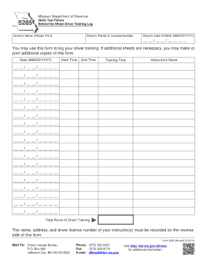  Form 5285 Skills Test Failure behind the Wheel Driver Training Log Dor Mo 2014