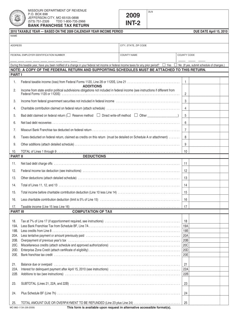 Int2 Bank Franchise Tax Return Dor Mo  Form