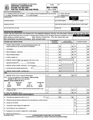 MO 1120X, Amended Corporation Income Tax Return for Tax Dor Mo  Form