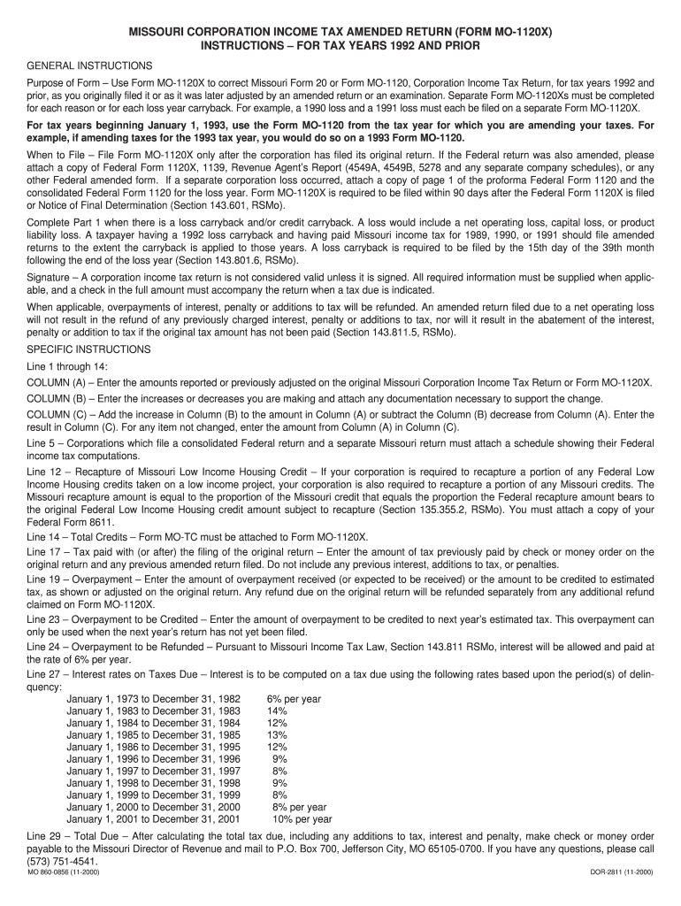 MISSOURI CORPORATION INCOME TAX AMENDED RETURN FORM MO 1120X INSTRUCTIONS for TAX YEARS and PRIOR Dor Mo