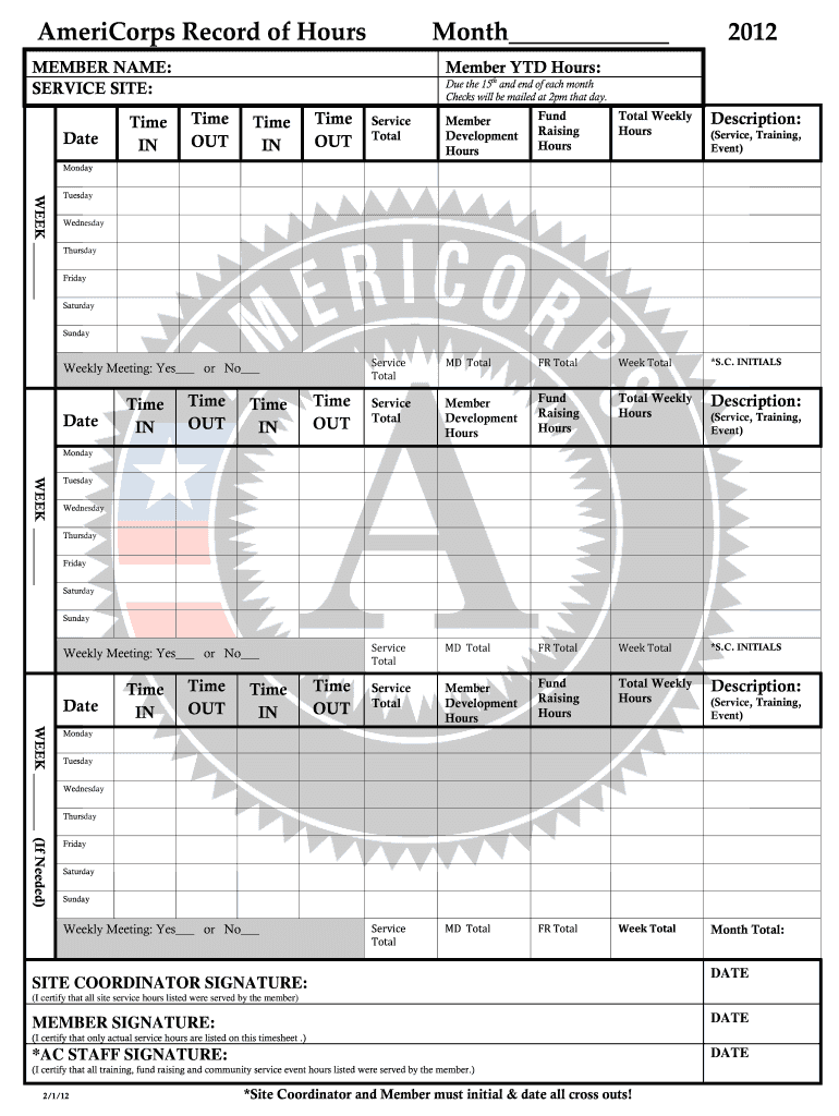 Americorps Timesheet Fillable Form