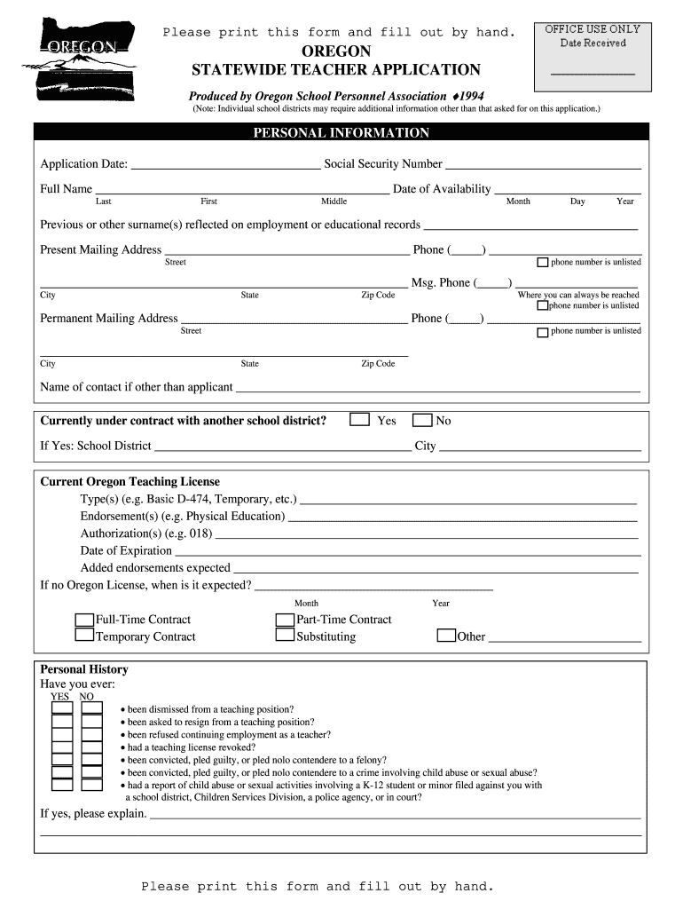 Oregon Statewide Teacher Application Fillable  Form