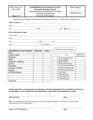 Summary of Investment Form Kentucky Heritage Council Heritage Ky