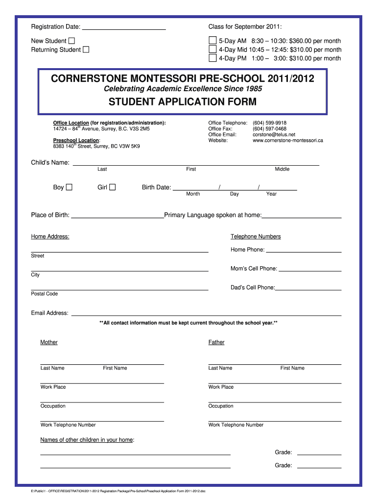Primary School Admission Form PDF