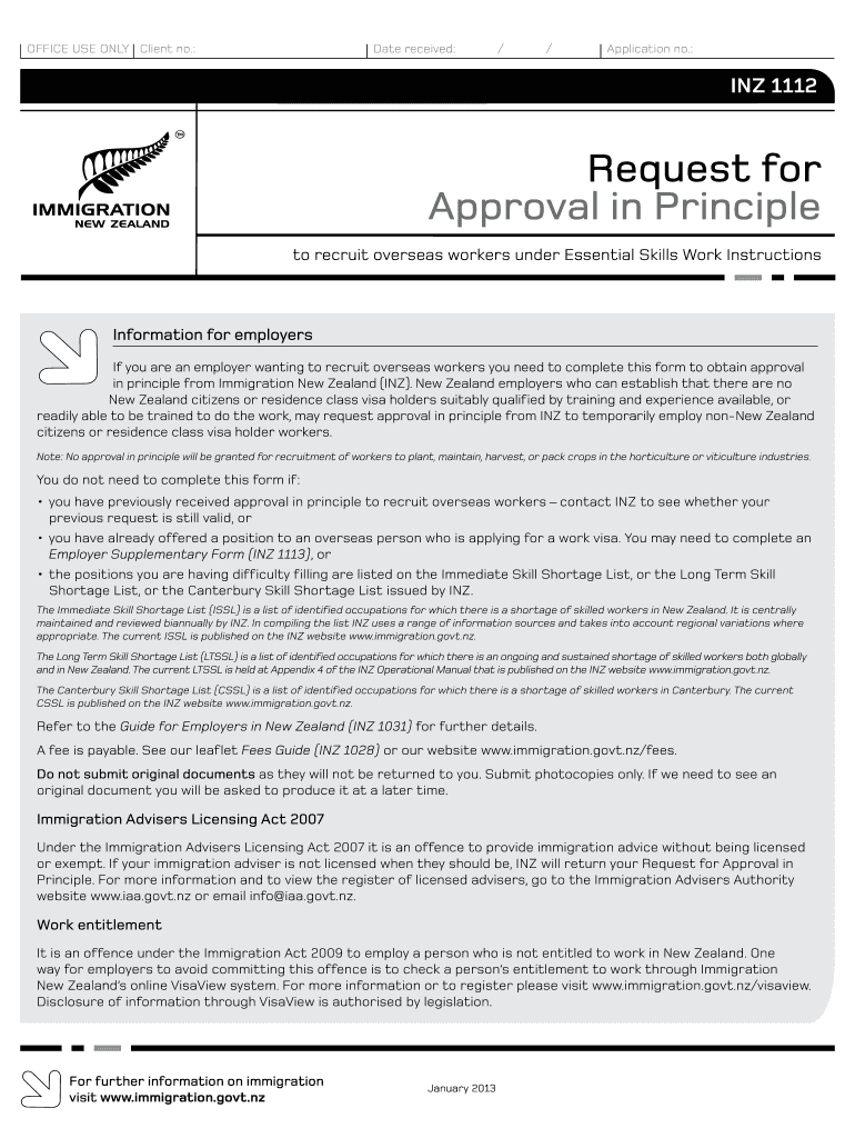 Get and Sign Request for Approval in Principle INZ 1112 to Recruit Overseas Workers under Essential Skills Work Instructions 2013 Form