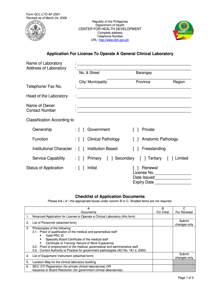  Doh Application Form for Renewal of License to Operate 2008