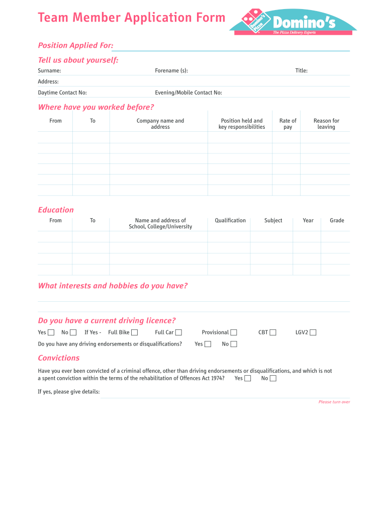 Dominos Application  Form