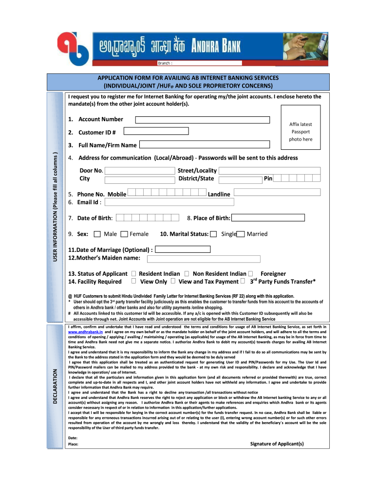 Andhra Bank Customer ID  Form