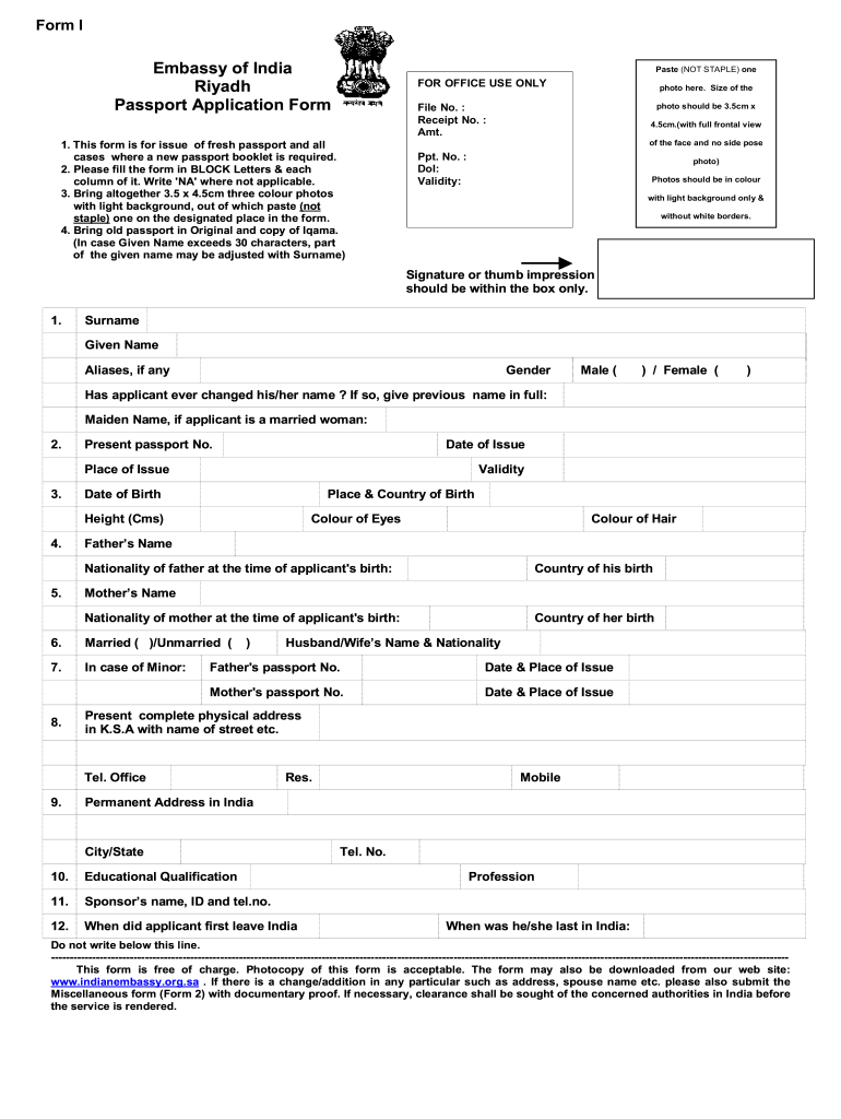 Get and Sign Indian Passport Renewal Form Riyadh PDF 