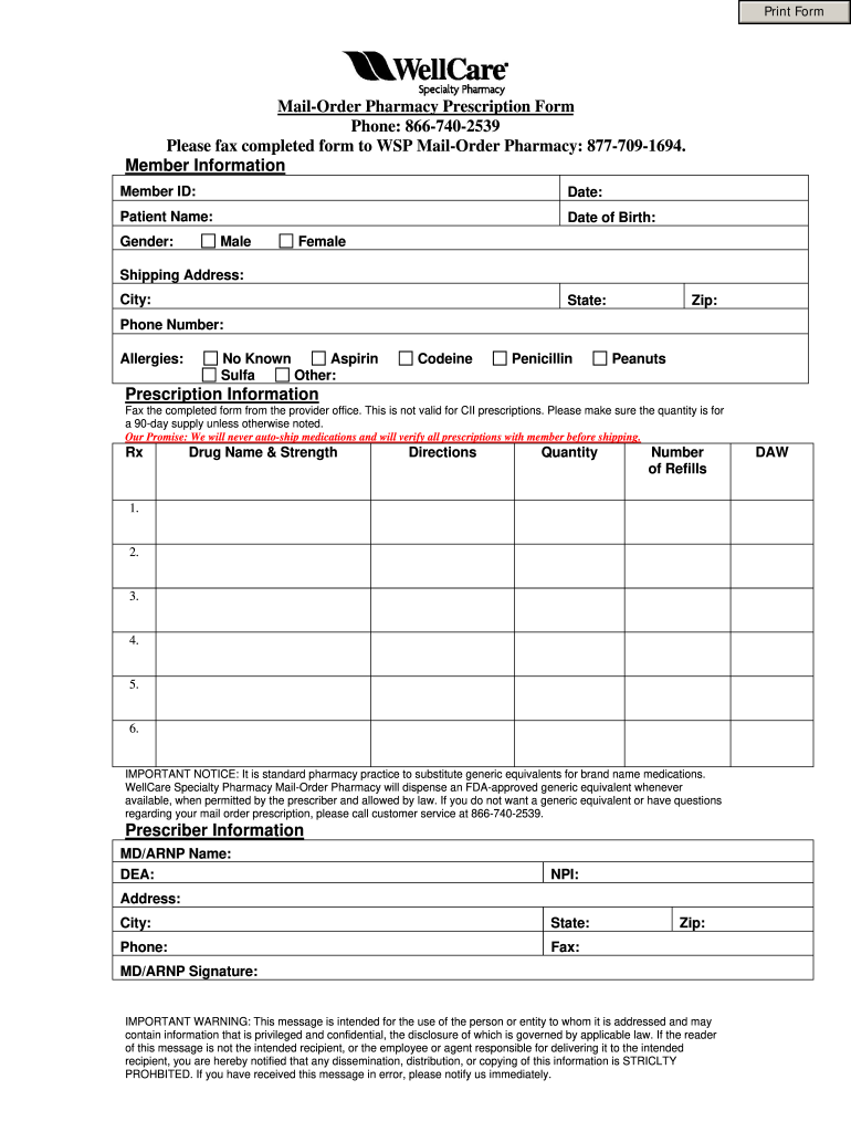 Wellcare Mail Order Pharmacy  Form