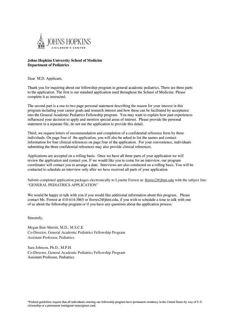 Application Package Johns Hopkins Children's Center Form