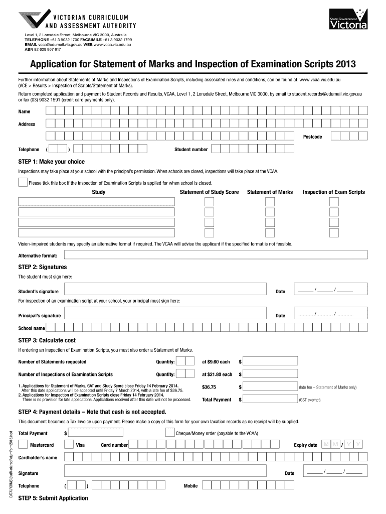 Application for Statement of Marks & Inspection of Examination Scripts Form