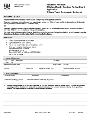 Application for a Review of a Refusal of Child and Family Services Form