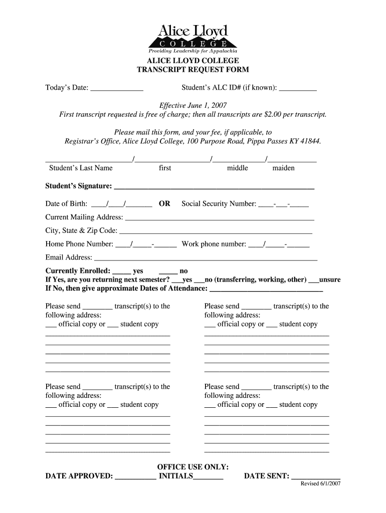  Transcript Request Form NEW for WEBSITE  Alc 2007