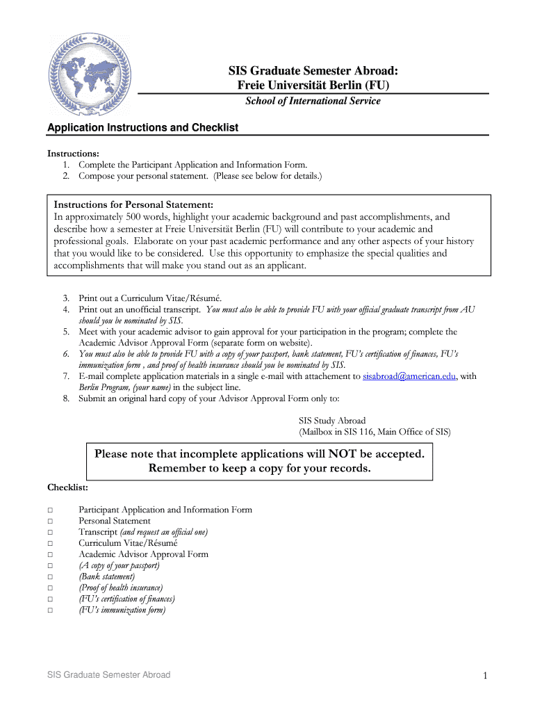 SIS Graduate Semester Abroad American University American Form