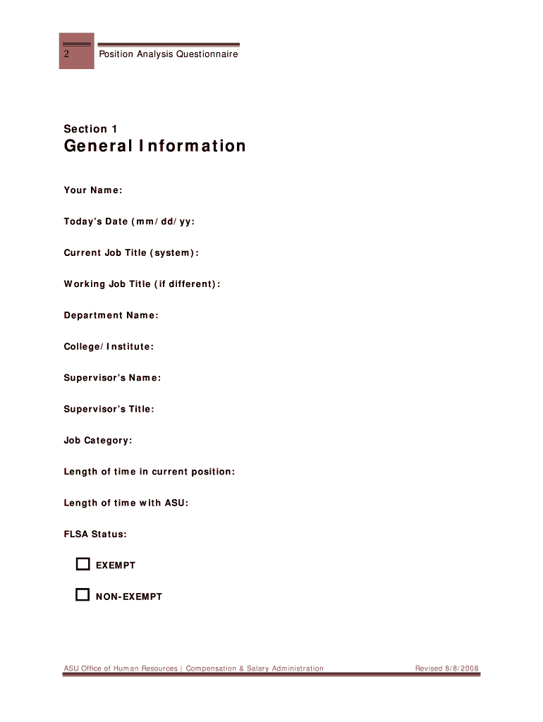  Position Analysis Questionnaire Used to Document Details of Position Attributes to Prepare or Update a Job Description Asu 2008