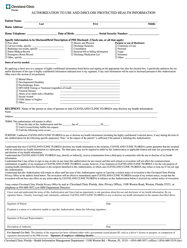 Cleveland Clinic Florida Authorization to Use and Disclose Protected Health Information Form Instructions