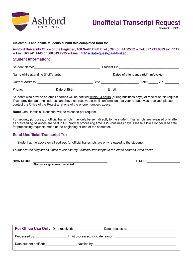 Get and Sign Ashford University Transcripts 2012-2022 Form