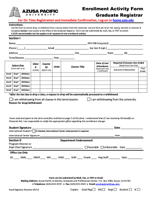 Enrollment Activity Form Azusa Pacific University Apu