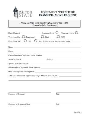 EQUIPMENT FURNITURE TRANSFER MOVE REQUEST Daltonstate  Form