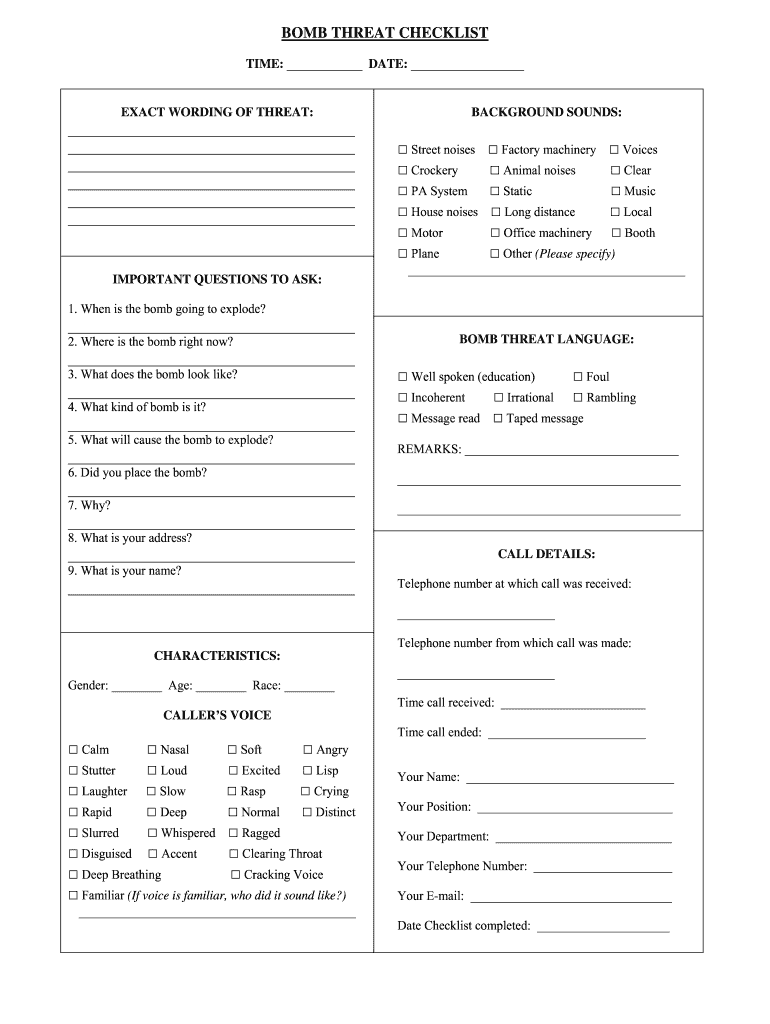 Bomb Threat Checklist  Form