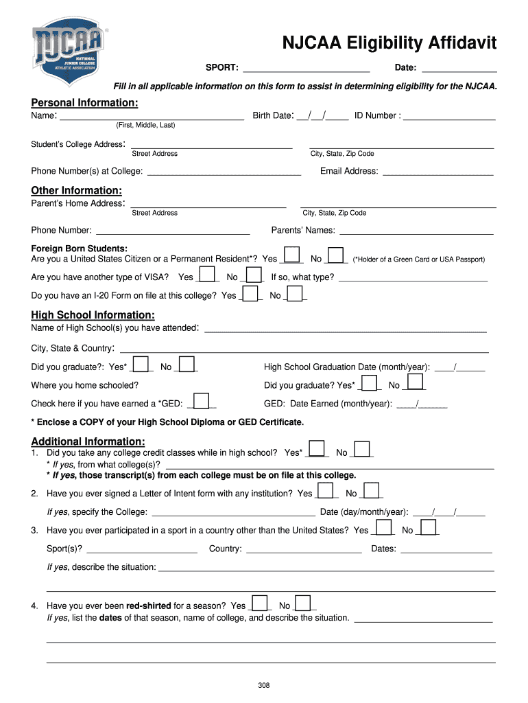 Njcaa Eligibility Affidavit  Form