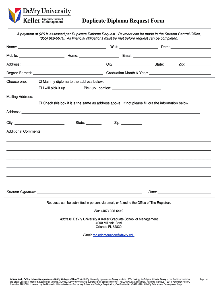 Get and Sign Duplicate Diploma Request Form  DeVry  Orlando  DeVry University  Orl Devry 