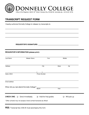 Request Transcripts from Donnelly College Form