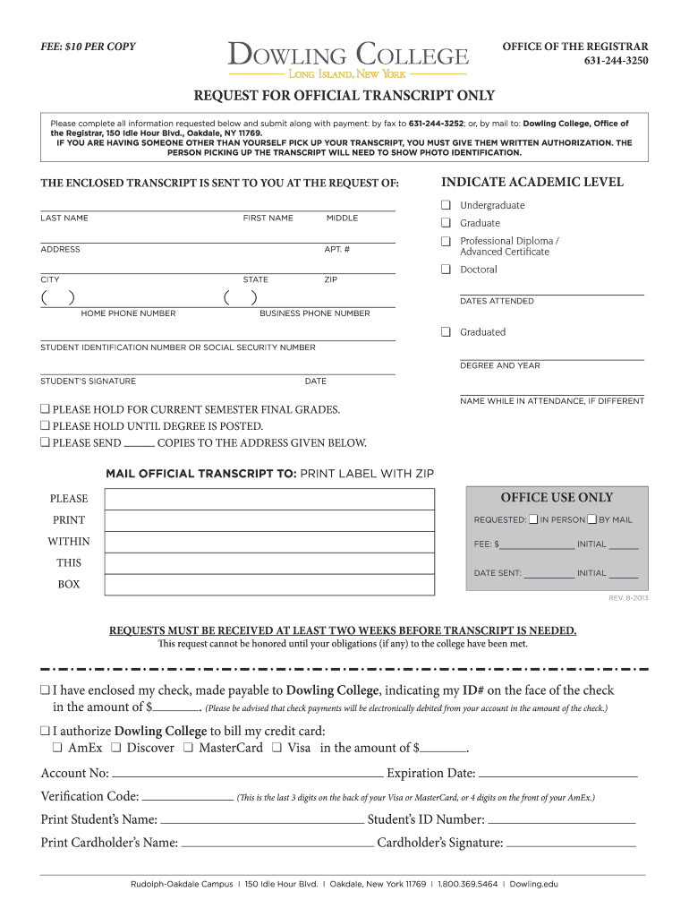 Dowling College Transcripts  Form