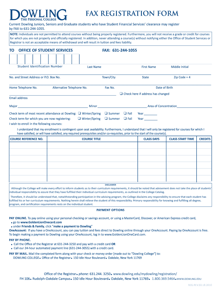  REG FAX Registration Form Rev 10 18    Dowling College  Dowling 2010-2024