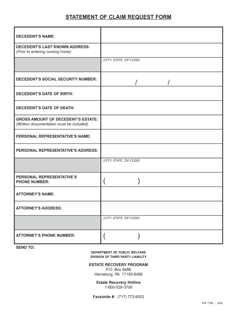  Pa Estate Recovery Statement of Claim Request Form 2002