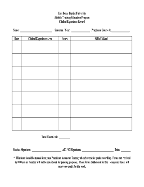 Clinical Experience Hour Sheet East Texas Baptist University Etbu  Form