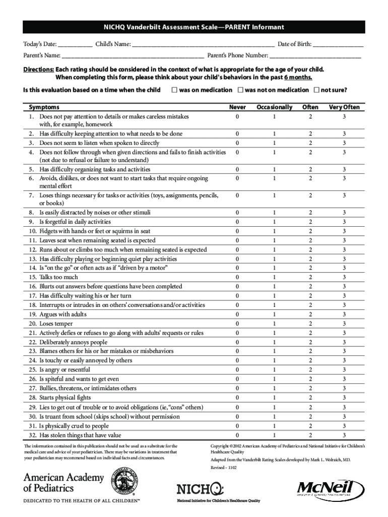 Nichq Vanderbilt Assessment Scale  Form