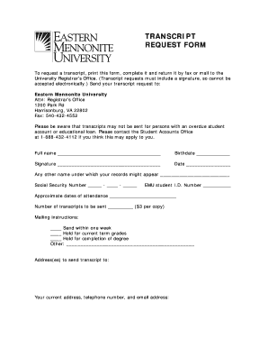 Eastern Mennonite University Transcript Request  Form