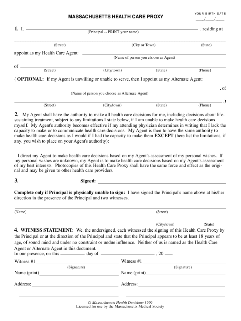  Massachusetts Health Care Proxy Fillable Template 1 Page Form 1999